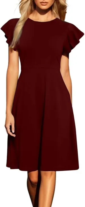 Women's Elegant Dress Solid Puff Sleeve Round Neck Slimming Waist Midi Skirt Flowy Big Hem Work Prom Gowns