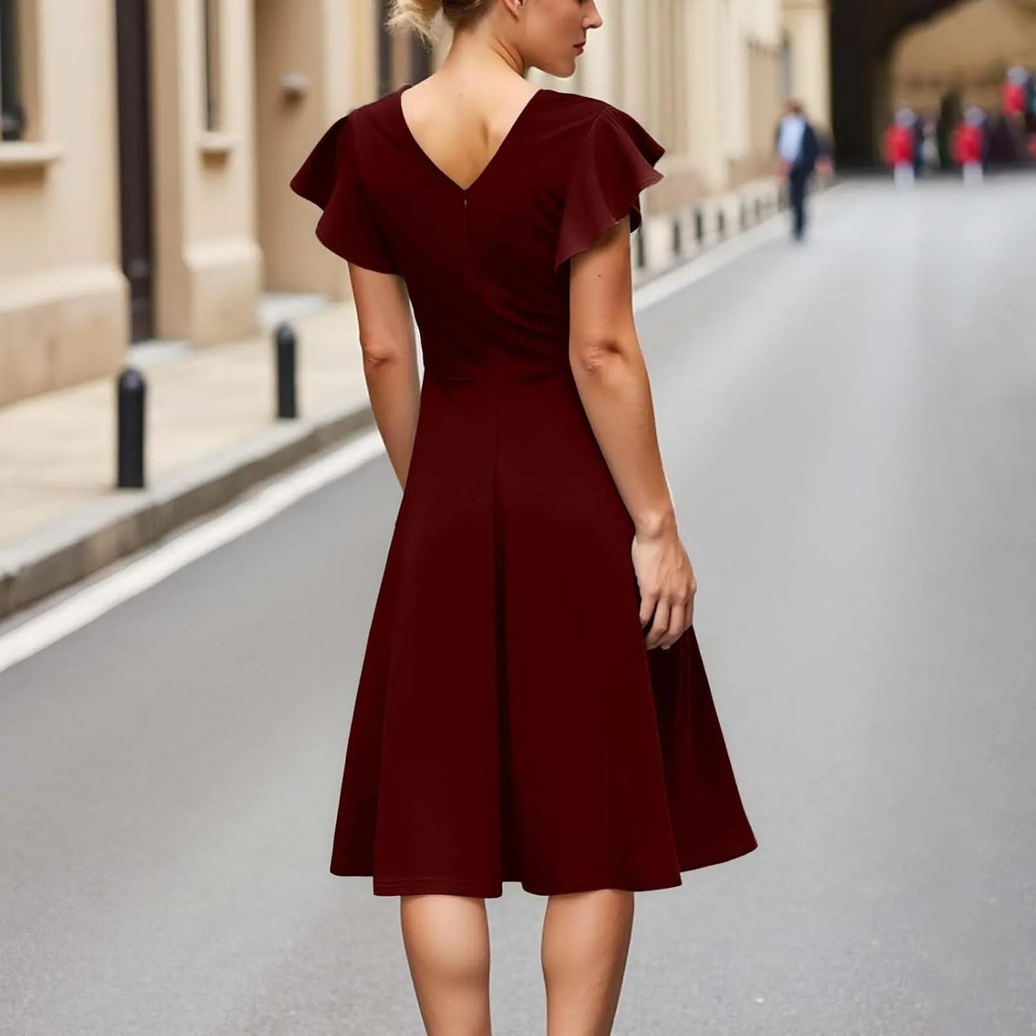 Women's Elegant Dress Solid Puff Sleeve Round Neck Slimming Waist Midi Skirt Flowy Big Hem Work Prom Gowns