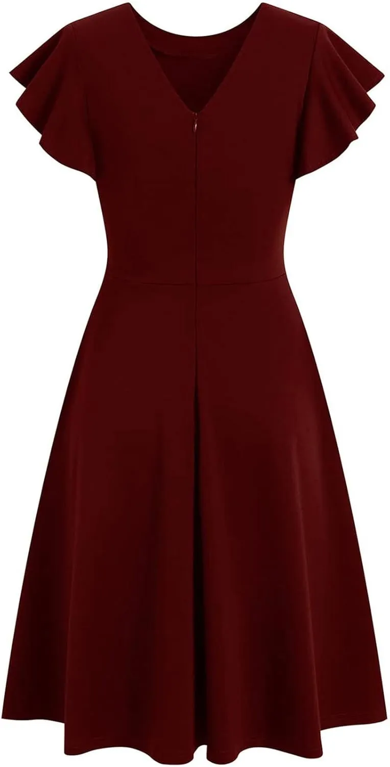 Women's Elegant Dress Solid Puff Sleeve Round Neck Slimming Waist Midi Skirt Flowy Big Hem Work Prom Gowns