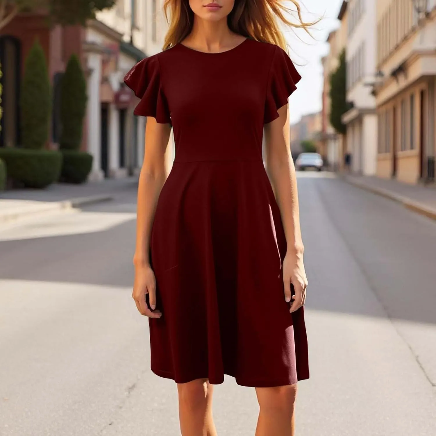 Women's Elegant Dress Solid Puff Sleeve Round Neck Slimming Waist Midi Skirt Flowy Big Hem Work Prom Gowns