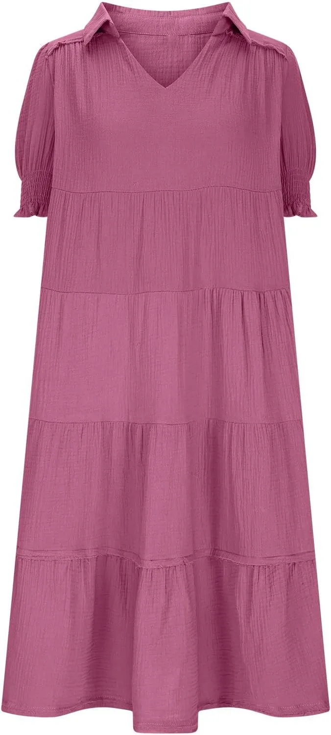 Women's Elegant Multi-Layered Ruffle Hem Pleated Long Skirts Lapel V Neck Puff Sleeve Loose Dresses Prom Concert