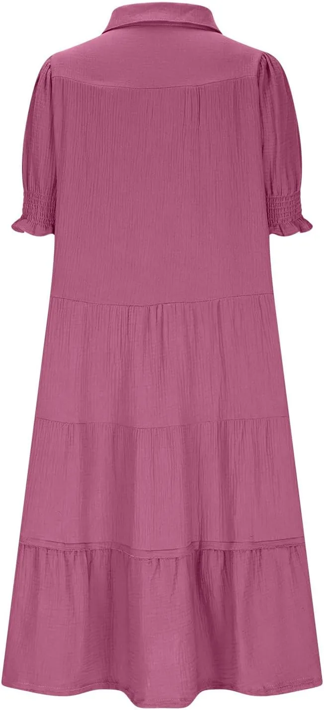 Women's Elegant Multi-Layered Ruffle Hem Pleated Long Skirts Lapel V Neck Puff Sleeve Loose Dresses Prom Concert
