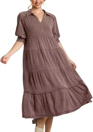 Women's Elegant Multi-Layered Ruffle Hem Pleated Long Skirts Lapel V Neck Puff Sleeve Loose Dresses Prom Concert