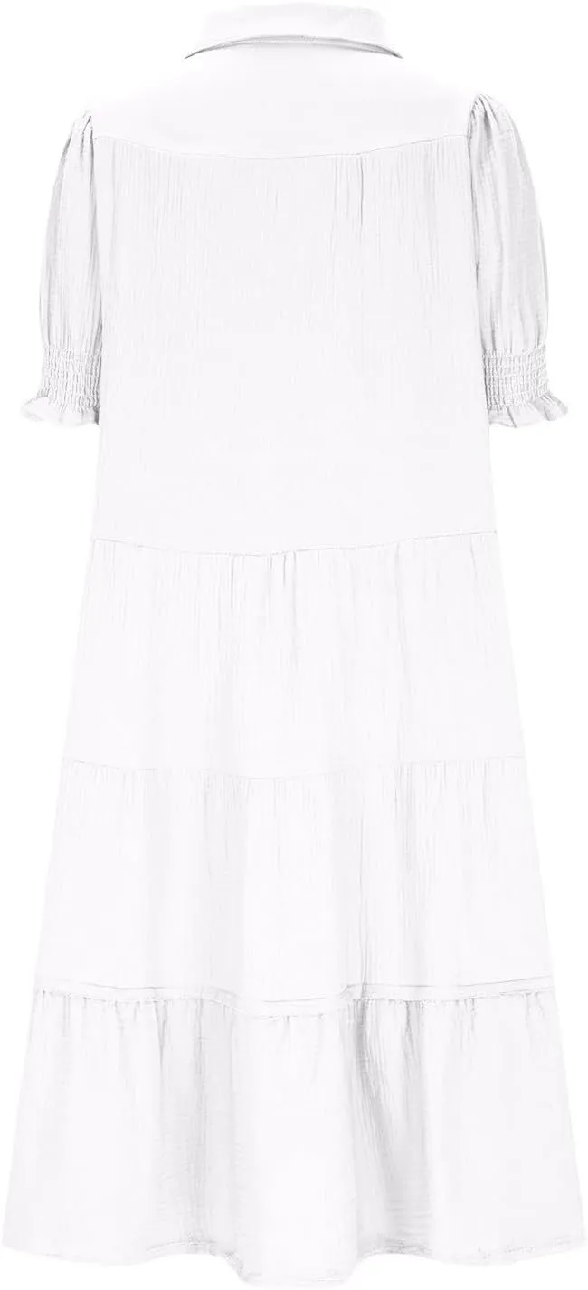 Women's Elegant Multi-Layered Ruffle Hem Pleated Long Skirts Lapel V Neck Puff Sleeve Loose Dresses Prom Concert