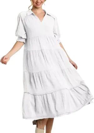 Women's Elegant Multi-Layered Ruffle Hem Pleated Long Skirts Lapel V Neck Puff Sleeve Loose Dresses Prom Concert