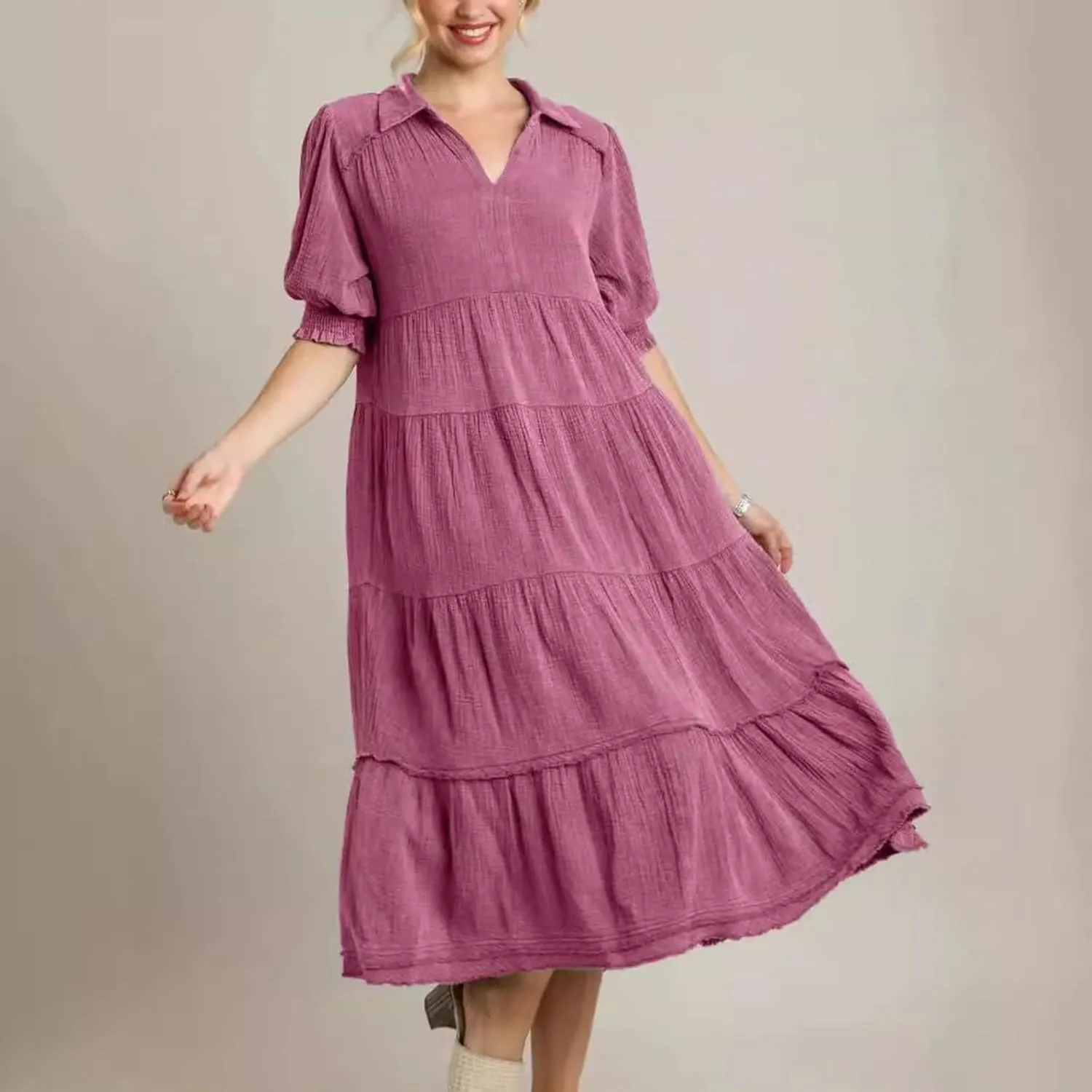 Women's Elegant Multi-Layered Ruffle Hem Pleated Long Skirts Lapel V Neck Puff Sleeve Loose Dresses Prom Concert