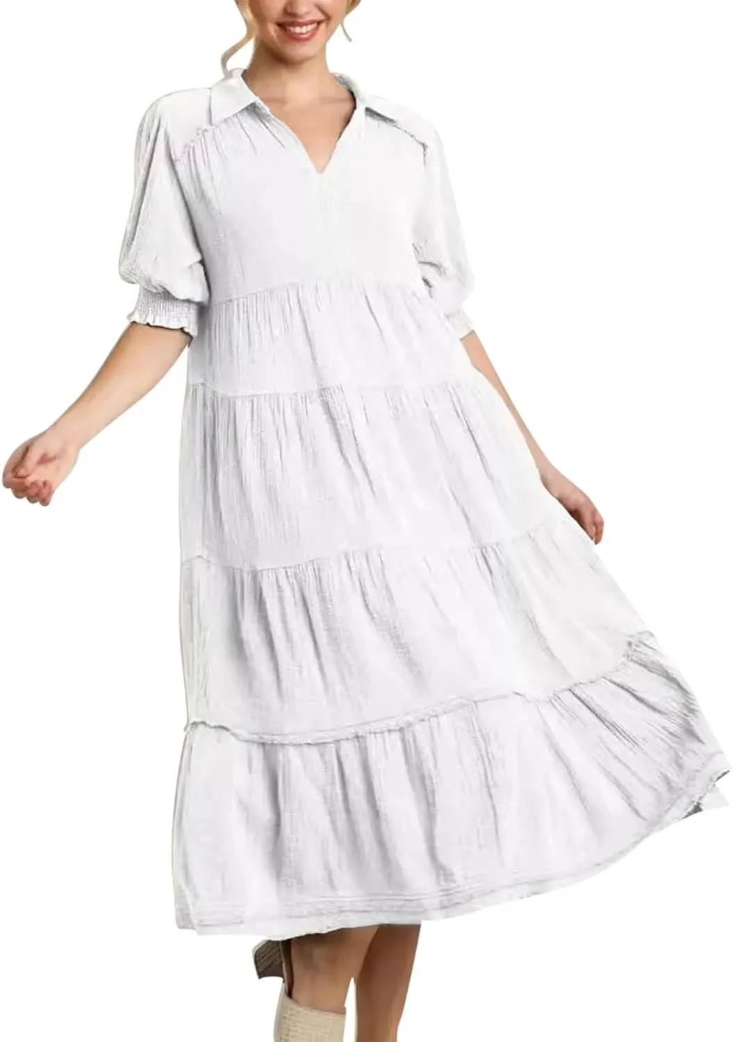 Women's Elegant Multi-Layered Ruffle Hem Pleated Long Skirts Lapel V Neck Puff Sleeve Loose Dresses Prom Concert