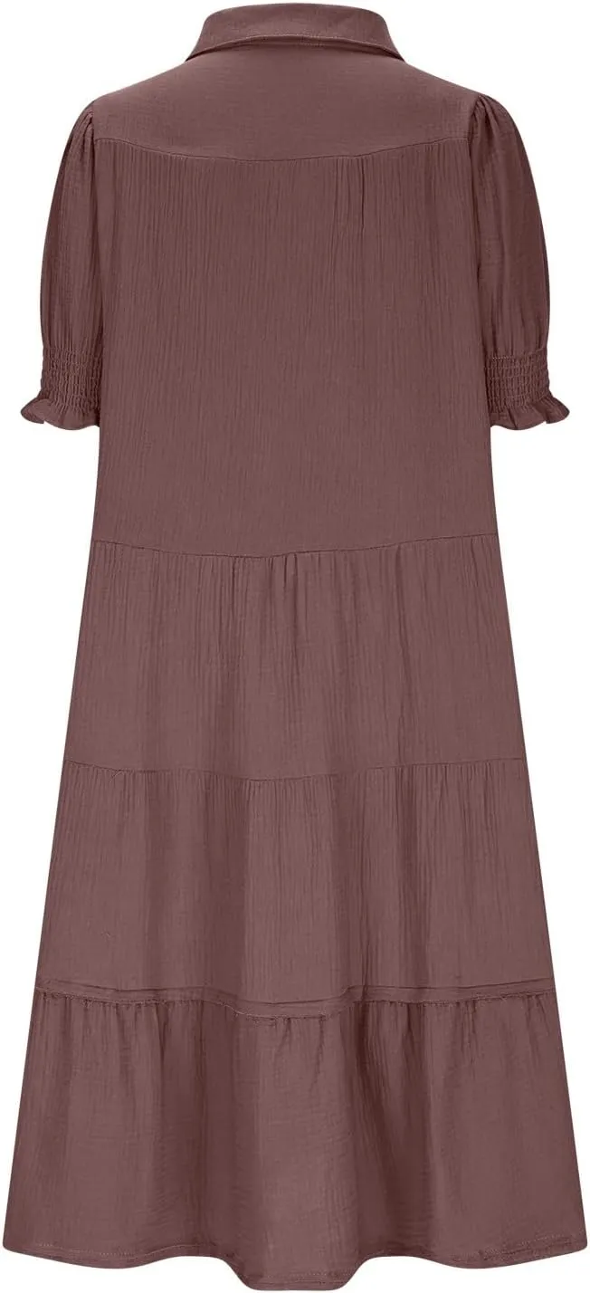 Women's Elegant Multi-Layered Ruffle Hem Pleated Long Skirts Lapel V Neck Puff Sleeve Loose Dresses Prom Concert