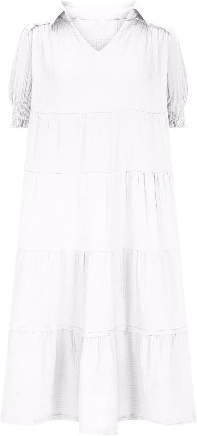 Women's Elegant Multi-Layered Ruffle Hem Pleated Long Skirts Lapel V Neck Puff Sleeve Loose Dresses Prom Concert