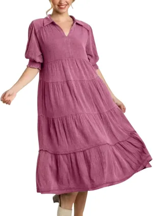 Women's Elegant Multi-Layered Ruffle Hem Pleated Long Skirts Lapel V Neck Puff Sleeve Loose Dresses Prom Concert
