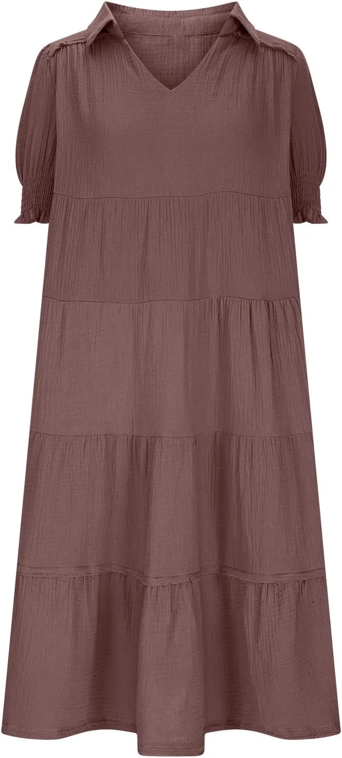 Women's Elegant Multi-Layered Ruffle Hem Pleated Long Skirts Lapel V Neck Puff Sleeve Loose Dresses Prom Concert
