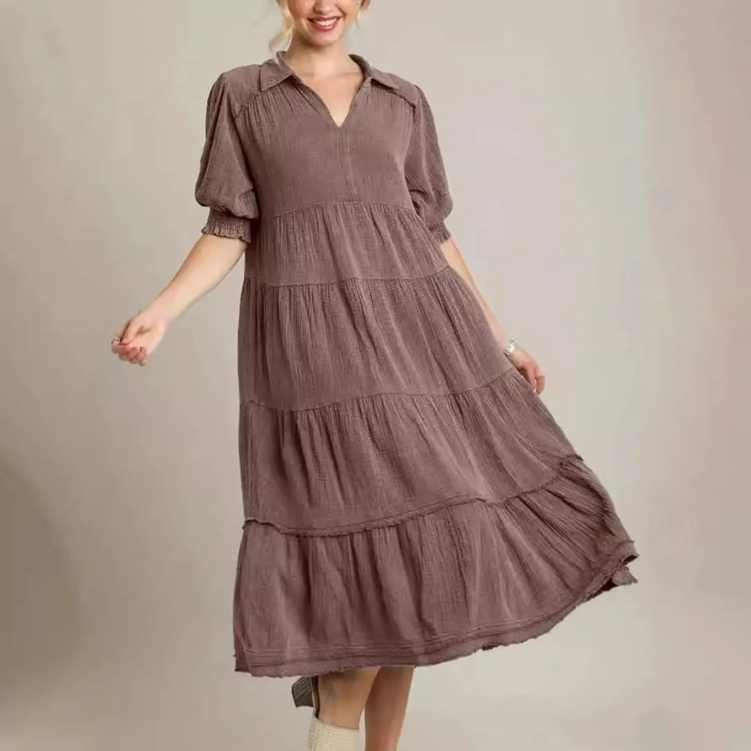 Women's Elegant Multi-Layered Ruffle Hem Pleated Long Skirts Lapel V Neck Puff Sleeve Loose Dresses Prom Concert