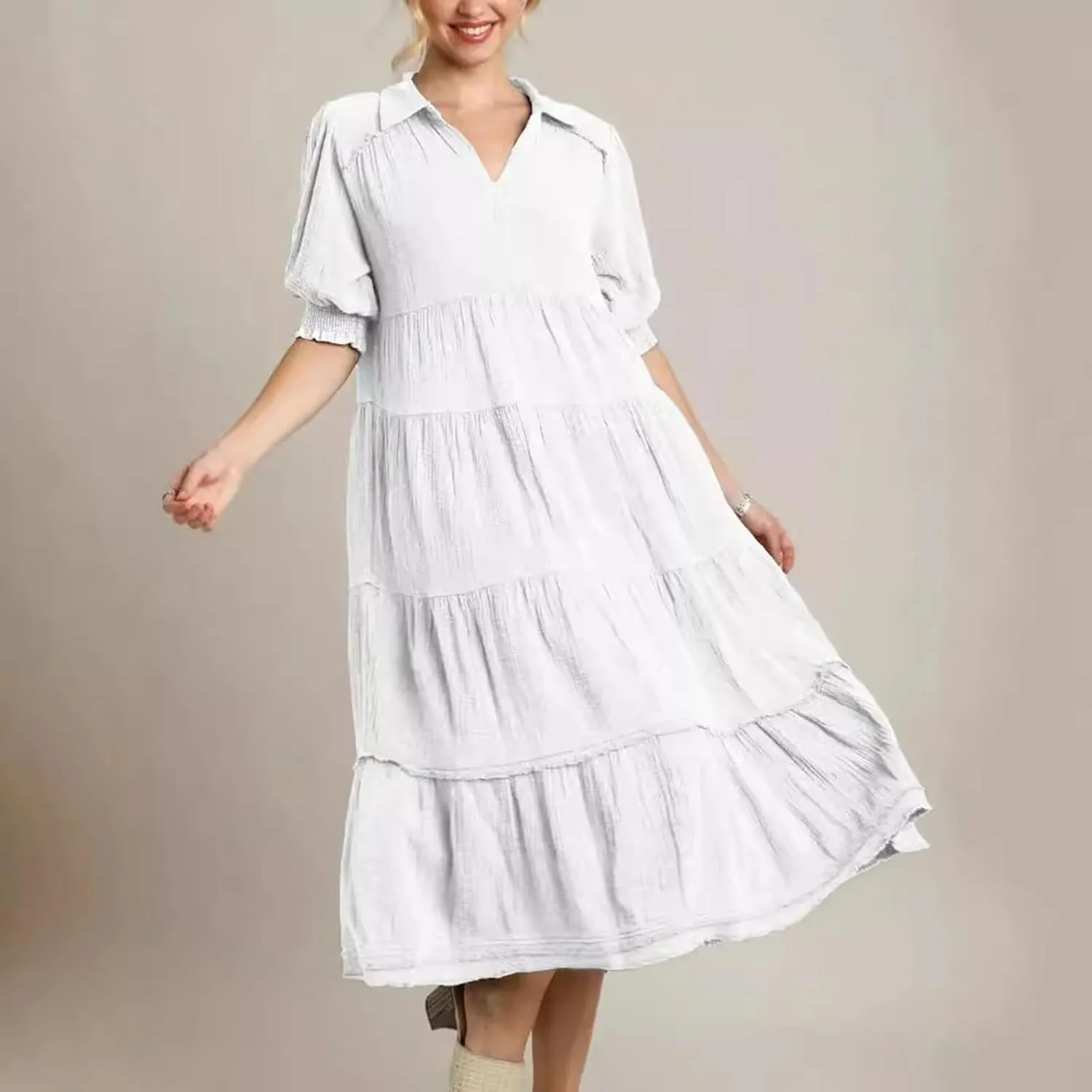 Women's Elegant Multi-Layered Ruffle Hem Pleated Long Skirts Lapel V Neck Puff Sleeve Loose Dresses Prom Concert