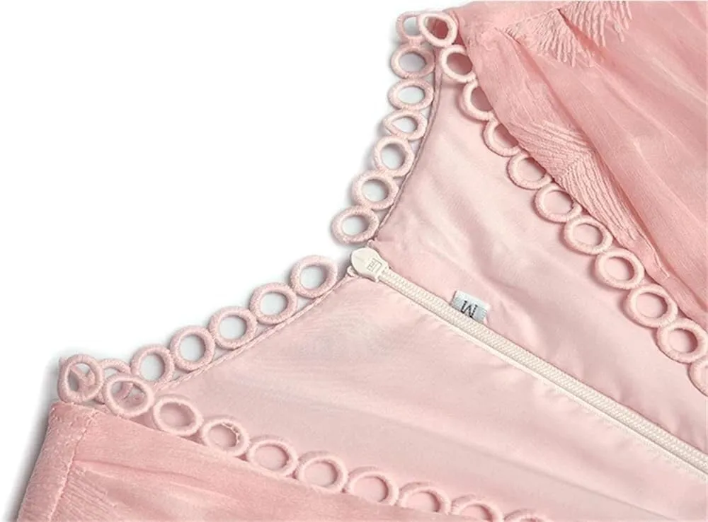 Women's Embroidered Party Dress V-Neck Trumpet Sleeve High Waist Elegant Long Pink Spring Holiday Gown