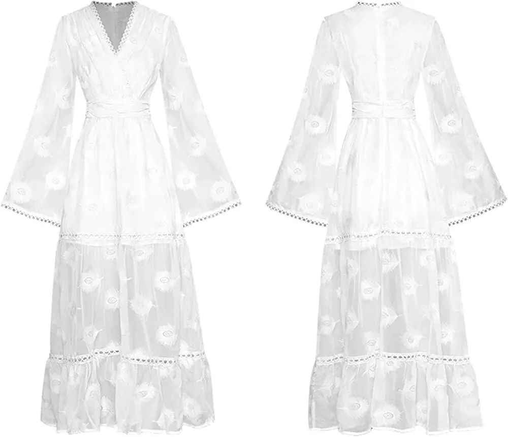 Women's Embroidered Party Dress V-Neck Trumpet Sleeve High Waist Elegant Long Pink Spring Holiday Gown