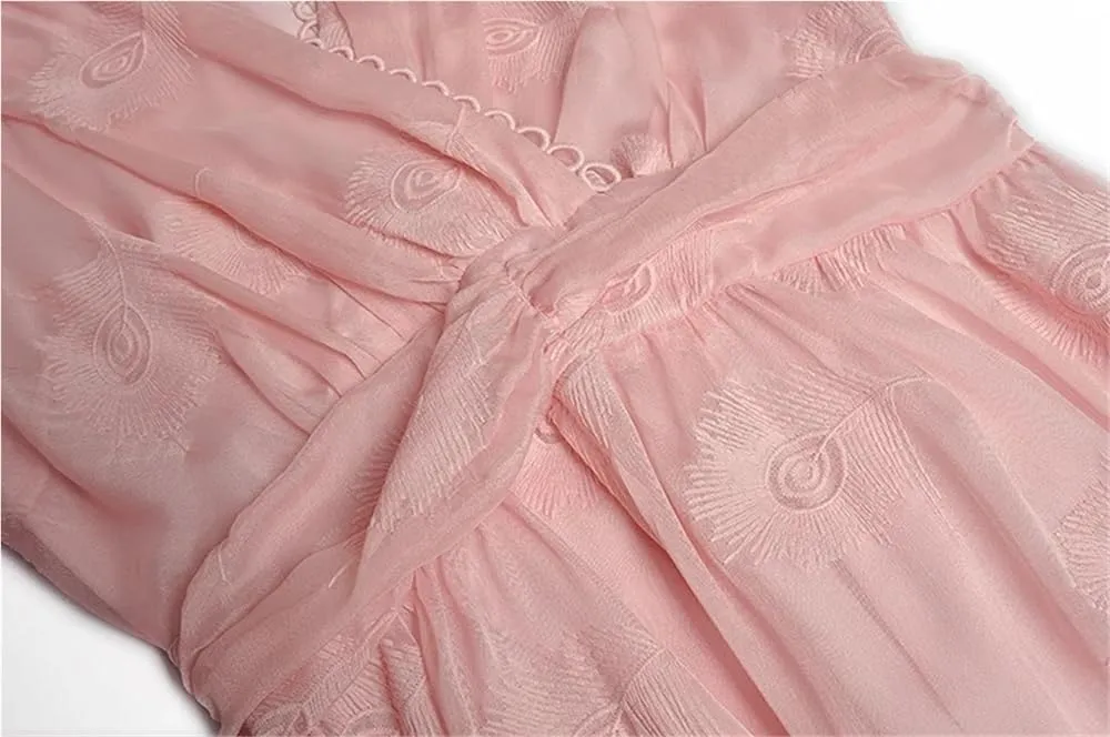 Women's Embroidered Party Dress V-Neck Trumpet Sleeve High Waist Elegant Long Pink Spring Holiday Gown