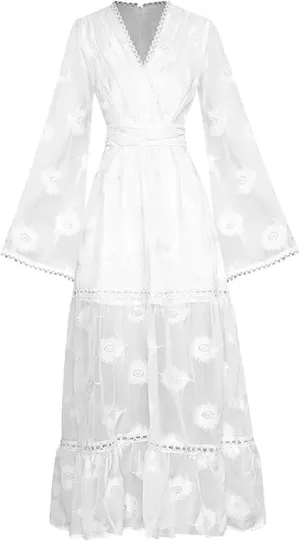 Women's Embroidered Party Dress V-Neck Trumpet Sleeve High Waist Elegant Long Pink Spring Holiday Gown