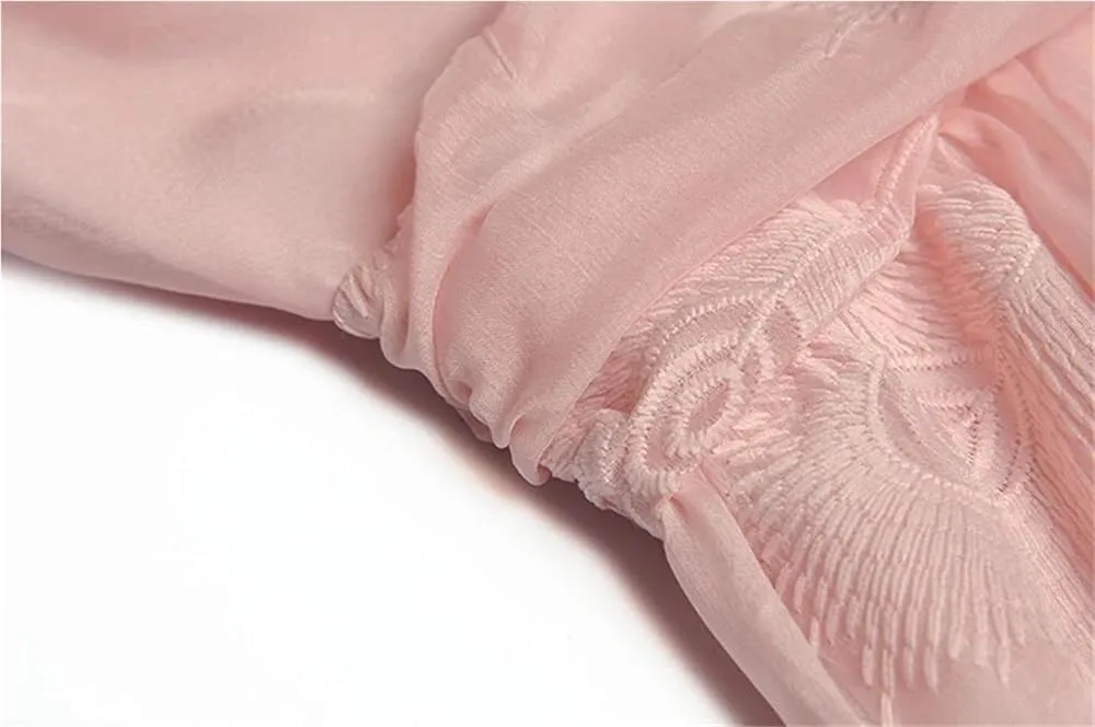 Women's Embroidered Party Dress V-Neck Trumpet Sleeve High Waist Elegant Long Pink Spring Holiday Gown