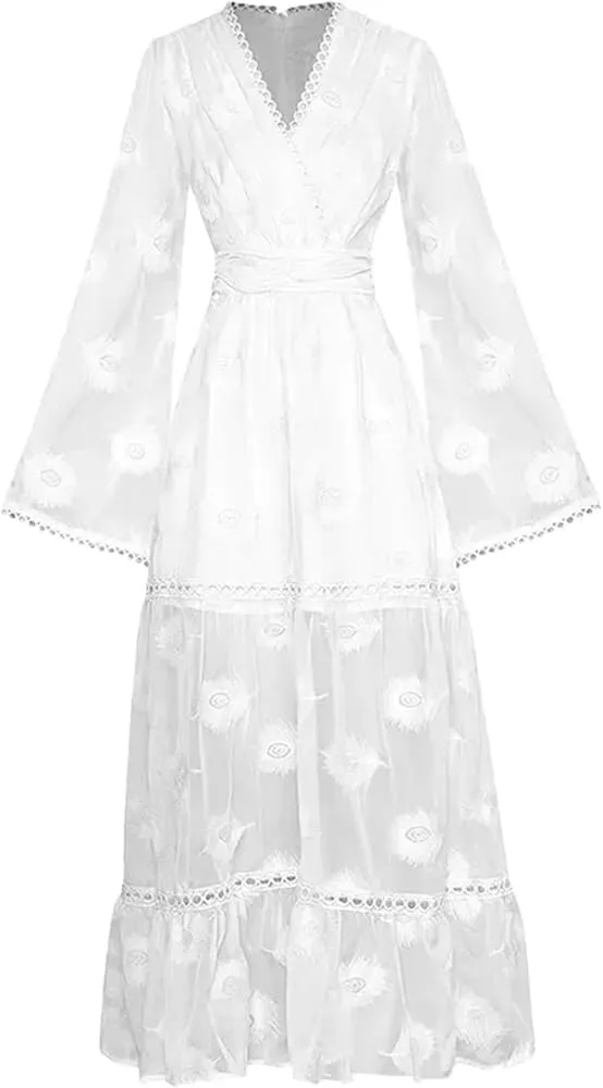 Women's Embroidered Party Dress V-Neck Trumpet Sleeve High Waist Elegant Long Pink Spring Holiday Gown