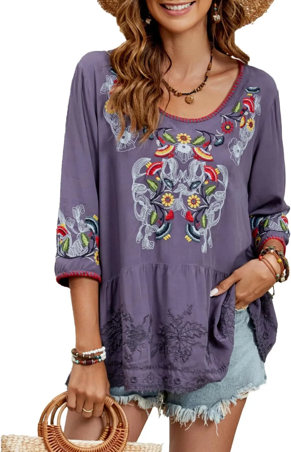 Women's Embroidered Tops 3/4 Sleeve Mexican Blouses Shirts Round Neck Dressy Tunics Peasant Tops Loose Fit
