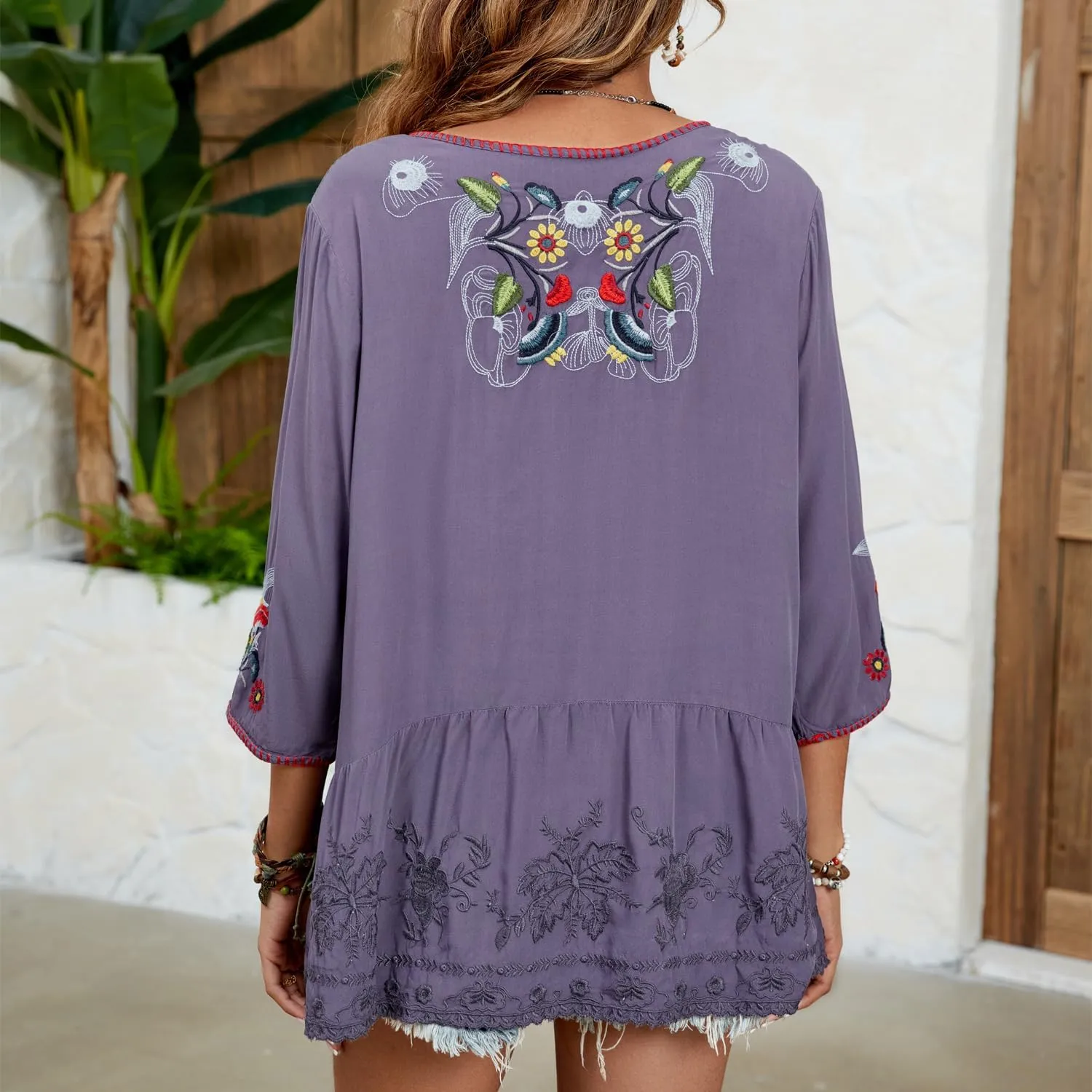 Women's Embroidered Tops 3/4 Sleeve Mexican Blouses Shirts Round Neck Dressy Tunics Peasant Tops Loose Fit