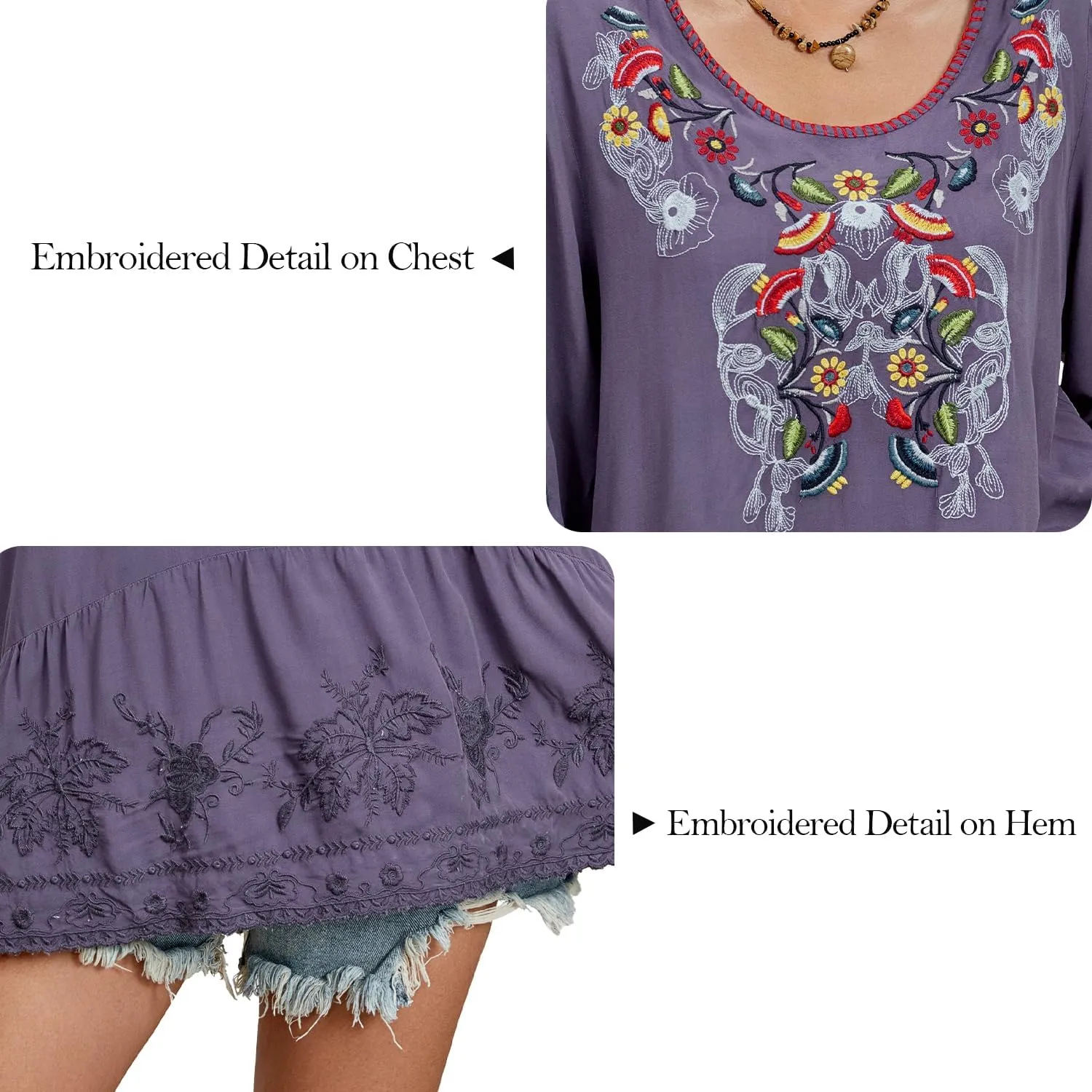 Women's Embroidered Tops 3/4 Sleeve Mexican Blouses Shirts Round Neck Dressy Tunics Peasant Tops Loose Fit