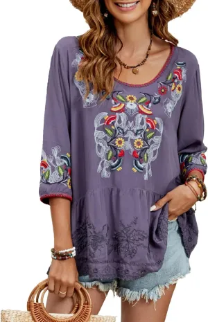 Women's Embroidered Tops 3/4 Sleeve Mexican Blouses Shirts Round Neck Dressy Tunics Peasant Tops Loose Fit