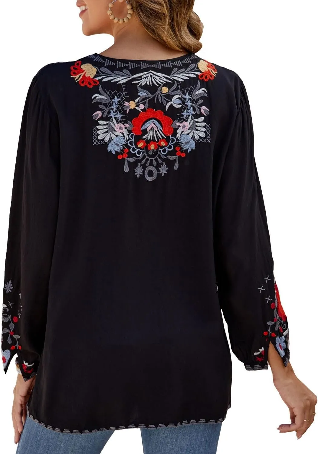 Womens Embroidered Tops Fall Shirts Long Sleeve Casual Mexican Blouses Loose Peasant Tunic Trendy Clothes