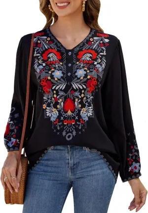 Womens Embroidered Tops Fall Shirts Long Sleeve Casual Mexican Blouses Loose Peasant Tunic Trendy Clothes