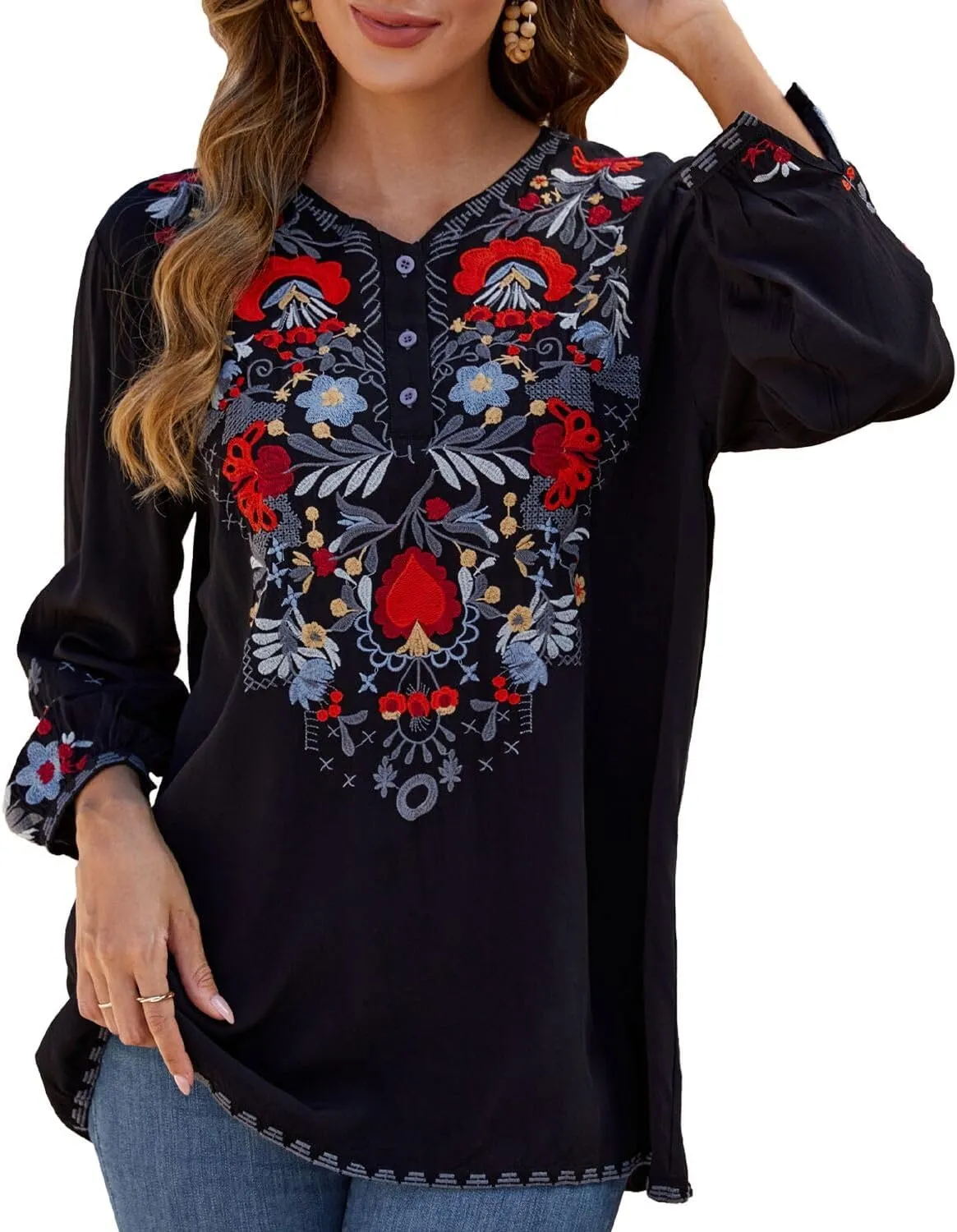 Womens Embroidered Tops Fall Shirts Long Sleeve Casual Mexican Blouses Loose Peasant Tunic Trendy Clothes