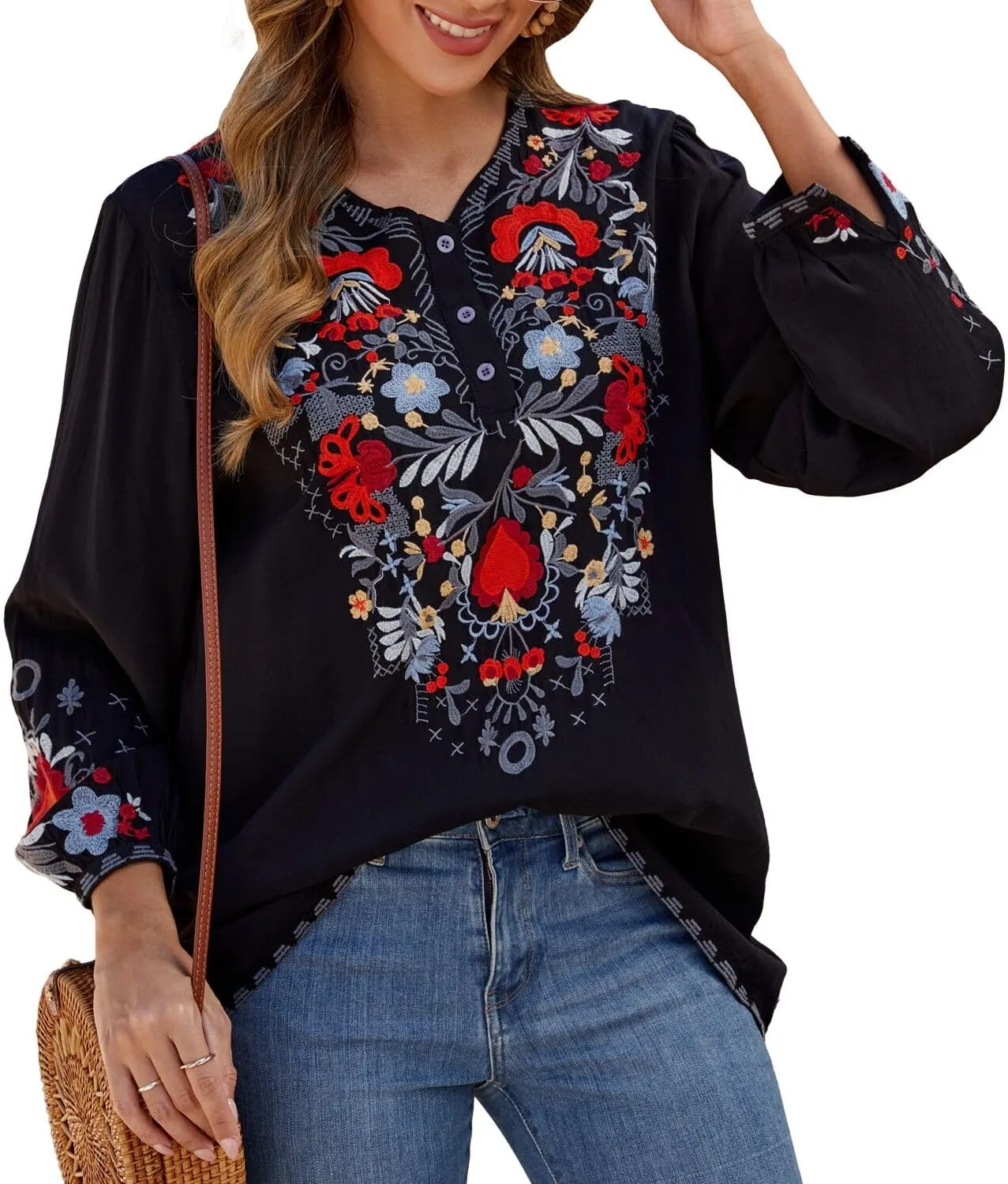 Womens Embroidered Tops Fall Shirts Long Sleeve Casual Mexican Blouses Loose Peasant Tunic Trendy Clothes