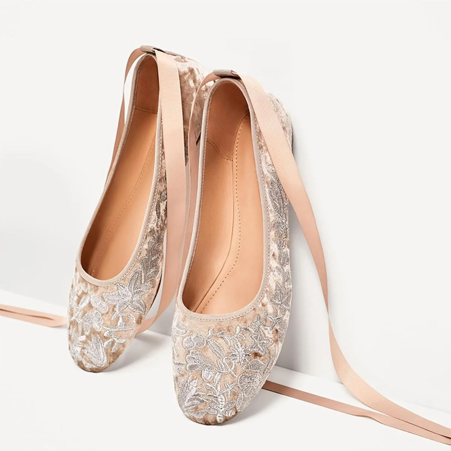 Women’s Embroidery Ribbon Tie Ballet Flats Fashion Round Toe Adjust Ankle Strap Lightweight Slip-On Bridal Shoes Comfortable Prom Evening Party Dress Shoes