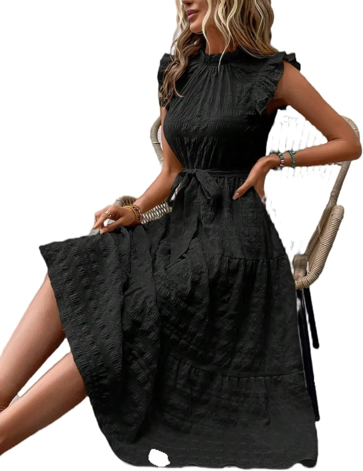 Women's Eyelet Lace Dresses, 2025 Summer Fashion Sundress, Ruffle Sleeve and Cut Out Embroidery Design Dress