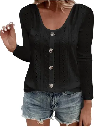 Womens Fashion Tops Eyelet Embroidery Long Sleeve Button Dwon Shirts Loose Casual 2024 Fall Clothes Comfy Shirt