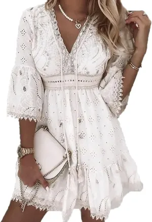 Women's Floral Embroidered Mini Dress Boho V Neck Lace Trim Tiered Ruffle Hem A-Line Summer Dress