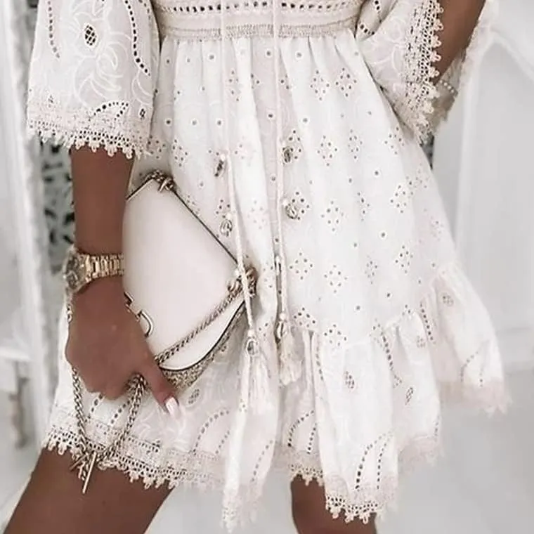 Women's Floral Embroidered Mini Dress Boho V Neck Lace Trim Tiered Ruffle Hem A-Line Summer Dress