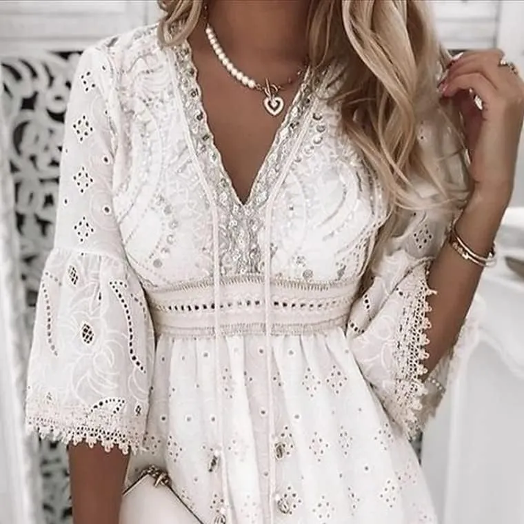 Women's Floral Embroidered Mini Dress Boho V Neck Lace Trim Tiered Ruffle Hem A-Line Summer Dress