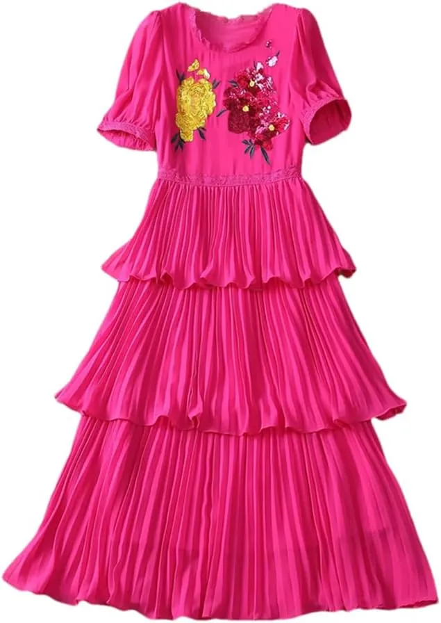 Women's Floral Embroidered Sequin Dress Ruffle Layered Short Sleeve Crewneck Midi Dresses