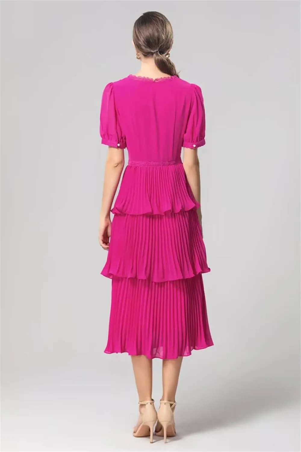 Women's Floral Embroidered Sequin Dress Ruffle Layered Short Sleeve Crewneck Midi Dresses