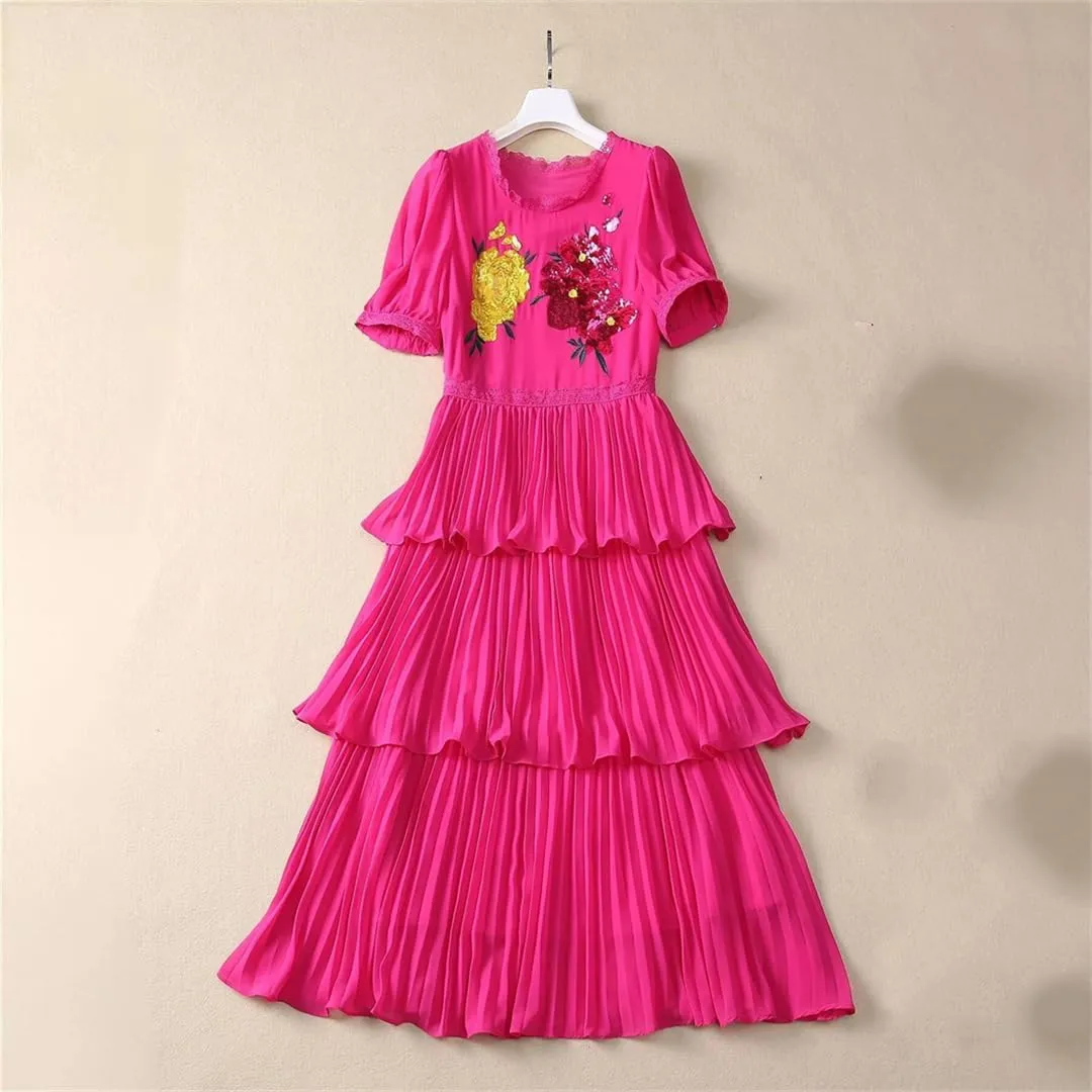 Women's Floral Embroidered Sequin Dress Ruffle Layered Short Sleeve Crewneck Midi Dresses