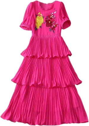 Women's Floral Embroidered Sequin Dress Ruffle Layered Short Sleeve Crewneck Midi Dresses