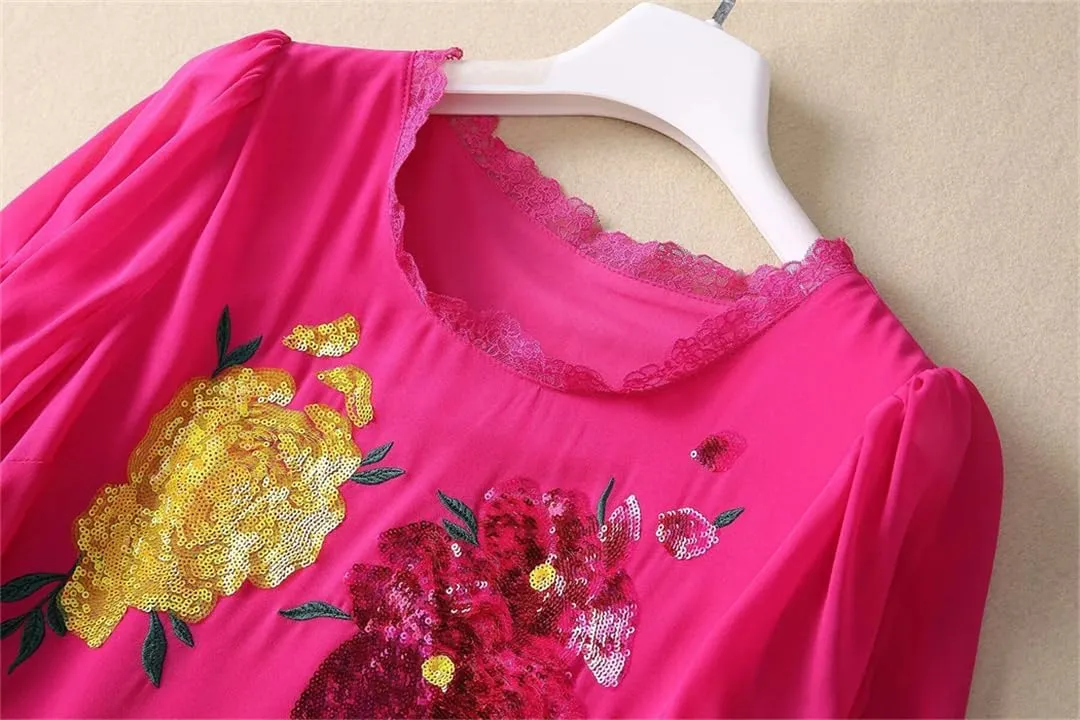 Women's Floral Embroidered Sequin Dress Ruffle Layered Short Sleeve Crewneck Midi Dresses