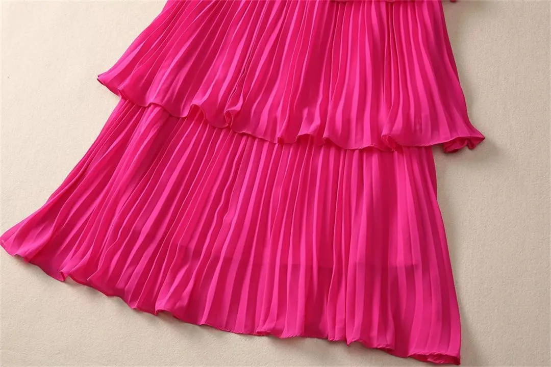 Women's Floral Embroidered Sequin Dress Ruffle Layered Short Sleeve Crewneck Midi Dresses