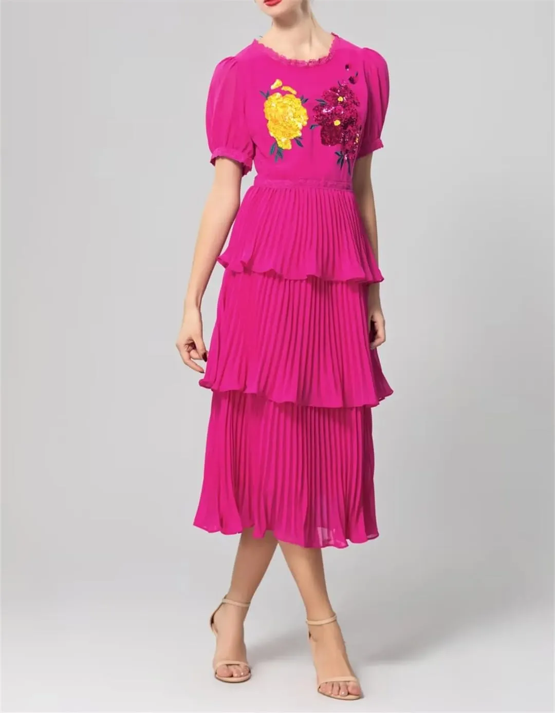 Women's Floral Embroidered Sequin Dress Ruffle Layered Short Sleeve Crewneck Midi Dresses