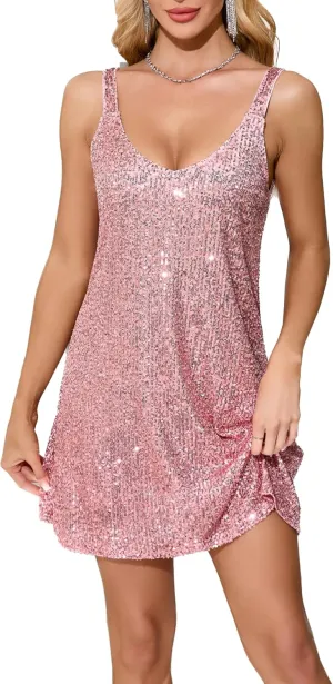 Women's Glitter Sequin Dress Spaghetti Strap V Neck Party Cocktail Sparkly Mini Dress Clubwear