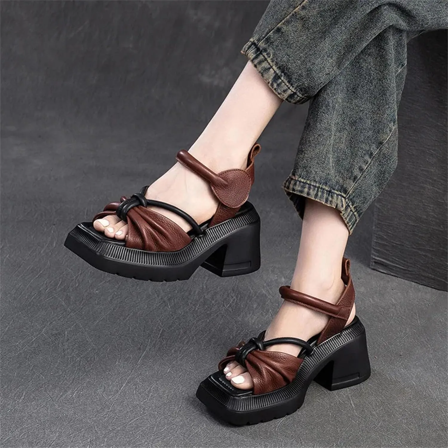 Women's Handmade Leather Sandals, Retro Embroidered Thick Sole Summer