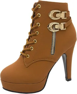 Women's High Heel Boots Platform Ankle Bootie Sexy Round Toe Lace UP High Heels Mid Calf Boots Evening Party Dress Boots