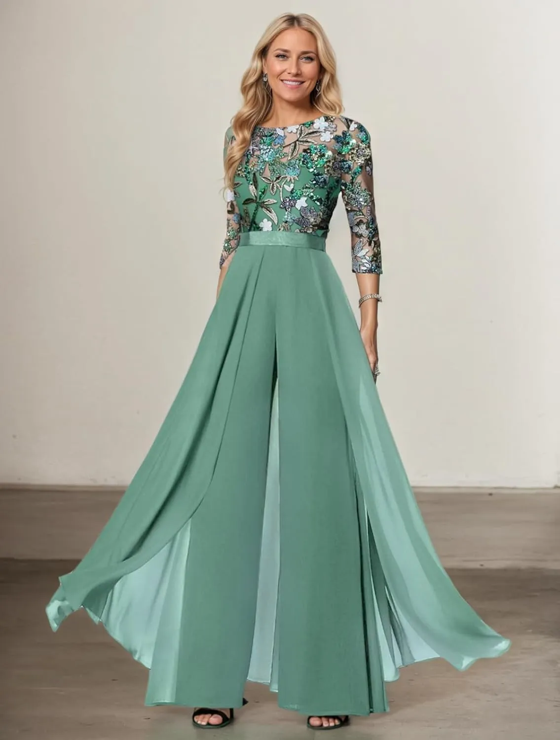 Women's Laces Appliques Mother of The Bride Pants Suits for Wedding Chiffon Formal Jumpsuit Outfit