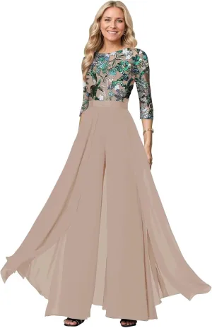 Women's Laces Appliques Mother of The Bride Pants Suits for Wedding Chiffon Formal Jumpsuit Outfit