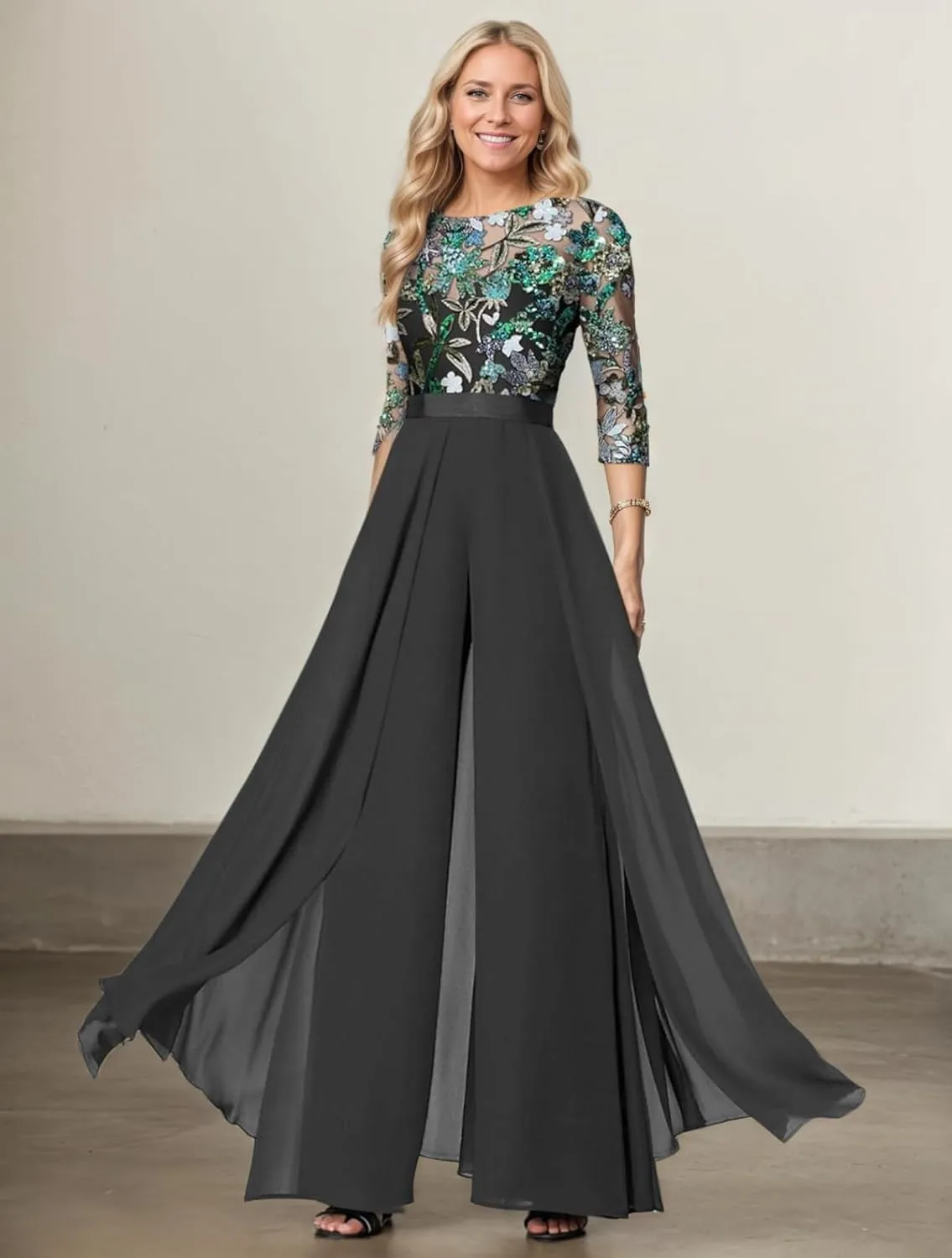 Women's Laces Appliques Mother of The Bride Pants Suits for Wedding Chiffon Formal Jumpsuit Outfit